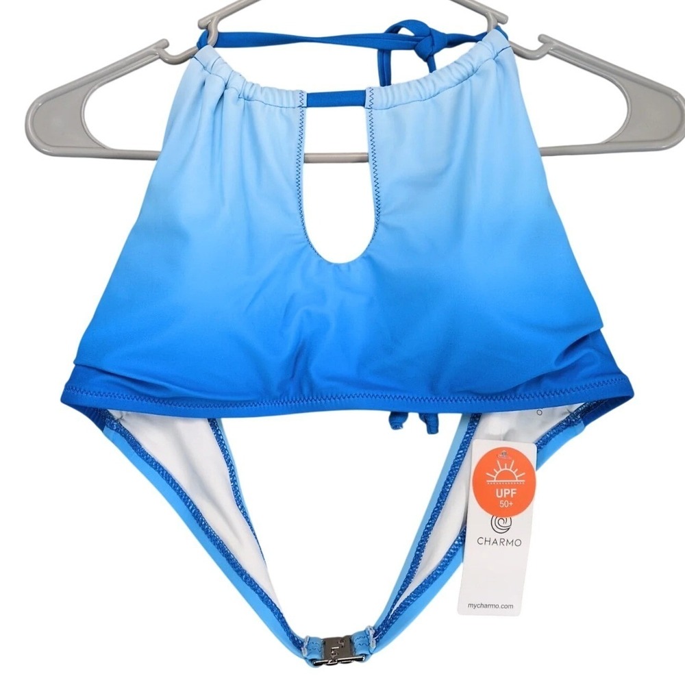 NWT Charmo Halter Bikini Top Women's XL Blue UPF 50 Padded Swim Tie Neck Beach